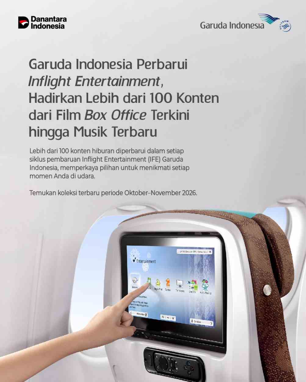 Garuda Indonesia Hadirkan Lebih dari 100 Konten Hiburan, dari Film Box Office Terbaru hingga Musik Terkini