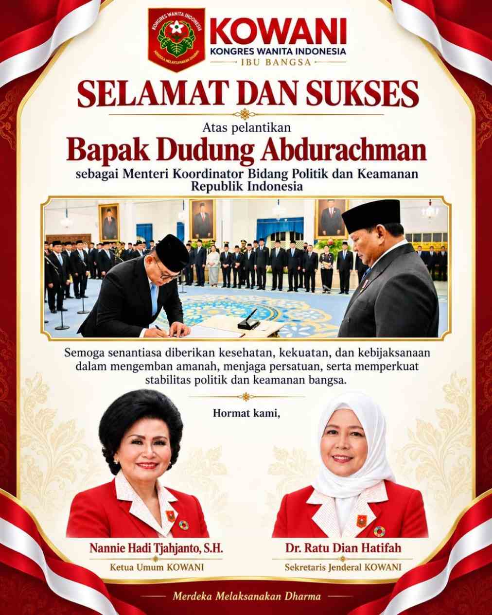KOWANI Ucapkan Selamat atas Pelantikan Dudung Abdurachman sebagai Menko Politik dan Keamanan